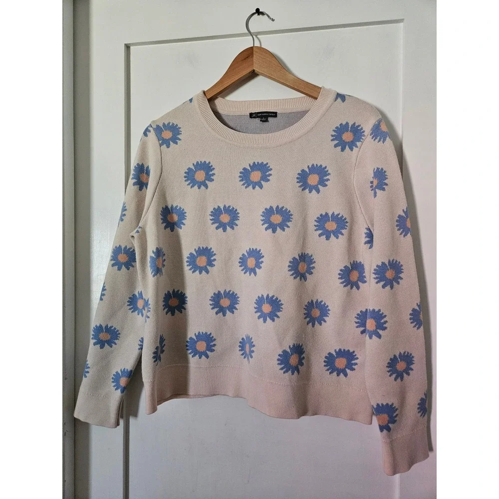 Adrianna Papell Daisy Floral Intarsia Knit Sweater Large Blue Cream